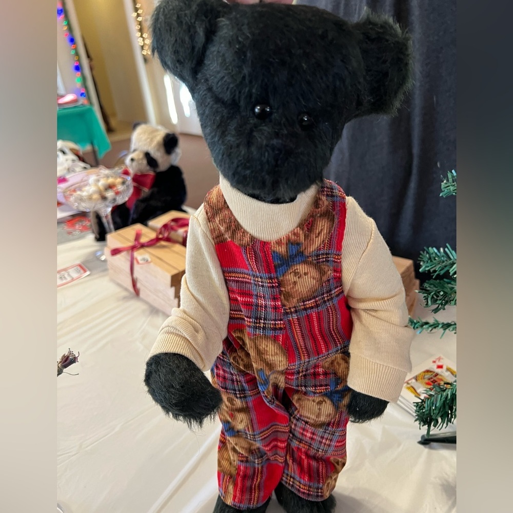 Vintage Bear 1995 “Billy” Hand made Bear Black Bear with Red Plaid Overalls